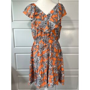 LOFT Women's Small‎ Orange Floral Ruffle Sleeve V-Neck Elastic Waist Dress